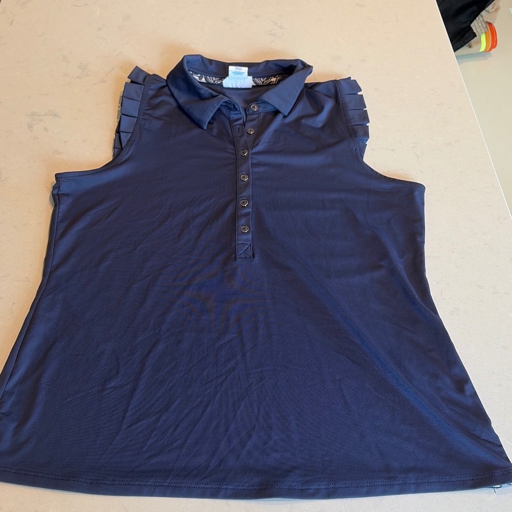 Sigrid Olsen Golf Top Women L Navy Blue Ruffle Sleeve Tennis Polo Preppy Sporty - Picture 3 of 9